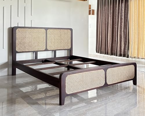 Image of Wood Vestal Sheesham Wood Bed with Cane Rattan Headboard & Footboard, Solid Wood in Walnut Finish, Modern Design | Queen Size - (78 inchx60 inch) | Without Mattress & Side Tables | Low Highted | CN - 5' - D