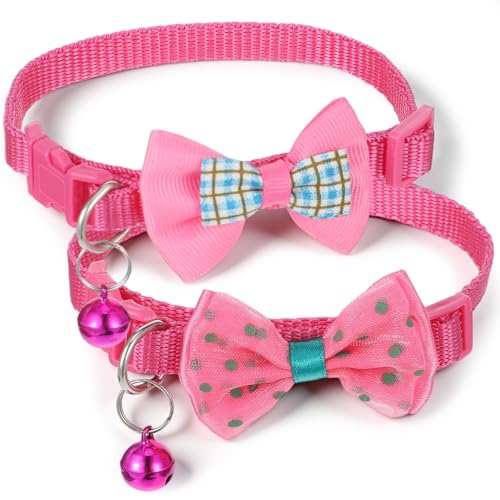 2 Stück Sicherheits Halsband Katze Rosarot Katzenhalsband Glocke Fliege Halsbänder, Größ 23–34 cm Verstellbar Katze Glockenhalsband mit Schleife...