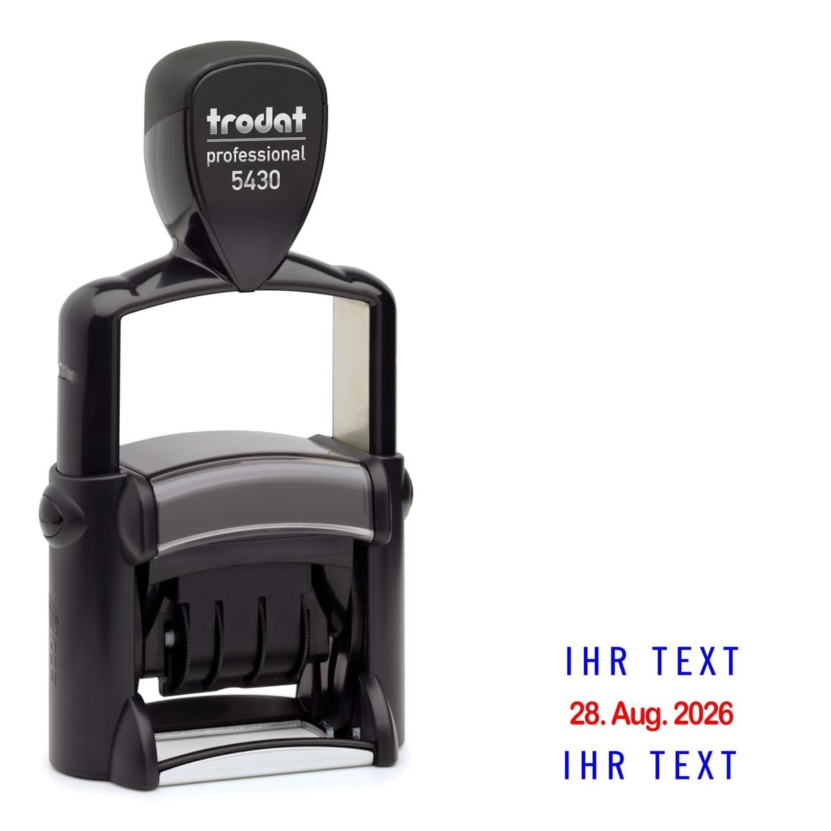 Trodat Professional Dater 5430 Datumstempel mit 2farbigem Kissen blau/rot + Wunschtext, Stempeltext:I H R T E X T