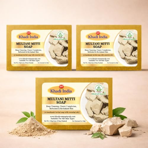 Image of Khadi Organic and Natural Multani Mitti Soap for Oily & Acne-Prone Skin | Deep Cleansing Herbal Bathing Bar with Fuller's Earth By Bhudevam Naturals | Suitable for All Skin Types (Pack of 3)