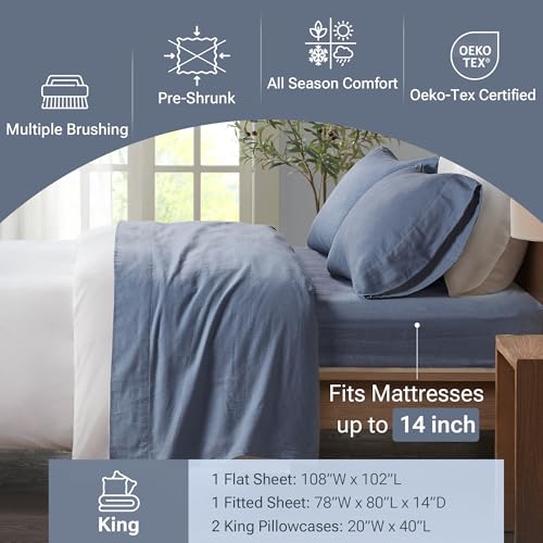 True North by Sleep Philosophy Cozy Flannel Warm 100% Cotton Sheet - Novelty Print Animals Stars Cute Ultra Soft Cold Weather Bedding Set, King, Blue Solid 4 Piece