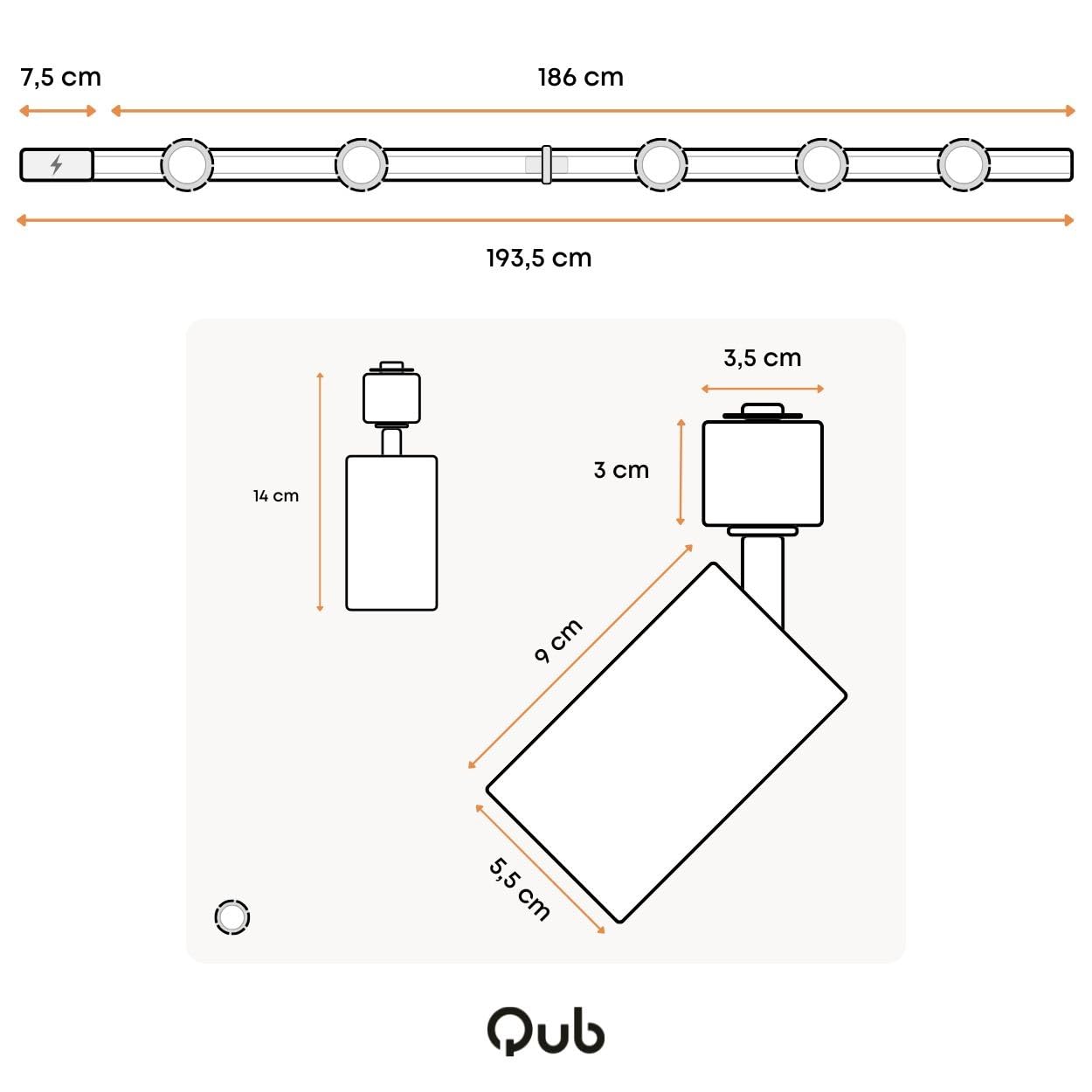 Qub Focus III - Foco de techo monofásico (200 cm, 5 cabezales GU10, 2 rieles de 1 m, forma en I, luz de techo, color negro, extensible y flexible), compatible con LED, iluminación de riel de diseño