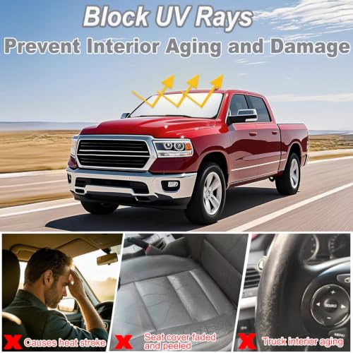 Image of PIMCAR Windshield Sun Shade for Dodge Ram 1500 2009-2018 | Premium 310T Reflective Polyester UV /Heat Shield | Custom Fit Sunshade to Block Rays & Cool Interior