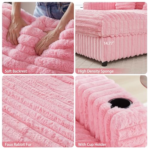 Image of QHITTY 58'' Plush Faux Rabbit Fur Chaise Loveseat with Charging Station & Cup Holder and Pillows, Upholstered Corduroy Chaise Loveseat Sofa Recliner Longue Indoor Couch for Living Room, Bedroom, Pink