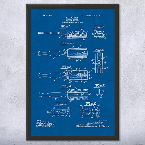 Framed Shaving Safety Razor Print, Barber Gift, Bathroom Art, Stylist Gift, Salon Wall Art, Shaving Blueprint Blueprint (8x10)