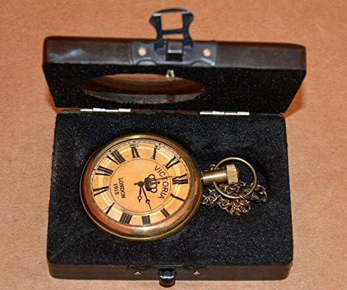 antiquegifts2019 Vintage Brass pocket watch with wood Case and Chain Beautiful Handmade Gift