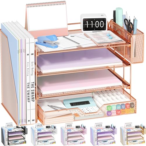 Image of OPNICE Desk Organizers and Accessories, 4-Tier Desktop File Organizer with Drawer and Pen Holders, Office Desk Accessories Workspace Organizers for Office Supplies (Rose Gold)