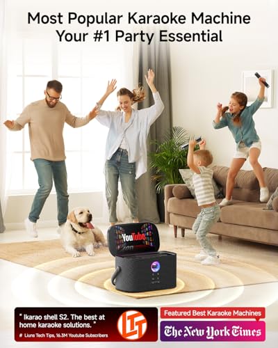 Ikarao Portable Karaoke Machine for Adults, Built-in Lyrics Display and Screen, 2 Self-Charging Wireless Microphones, Karaoke App, 140W Speaker, Connects to TV for Home Party Birthday Outdoor Camping