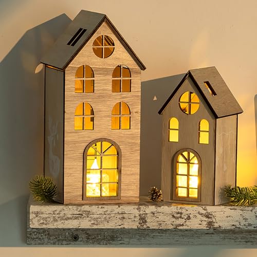 NUPTIO Lichthäuser Weihnachtshaus mit Beleuchtung Holz: LED Haus Set...