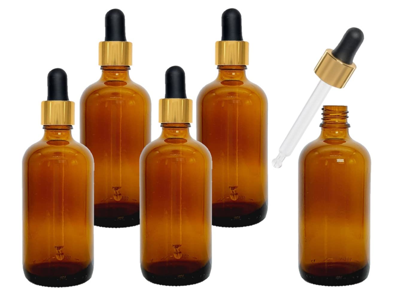 Avalon 100ml Amber Brown Glass Dropper Bottles with Black & Gold Glass Dropper Pipette - Reusable, Refillable, Recyclable, Sustainable Living - Cosmetic Containers for Beauty & Skincare - 5 Pcs