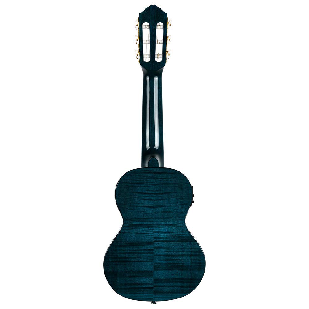 Ortega Guitars Reise Gitarre Elektro-Akustisch – Mini Travel Series – Geflammtes Mahagoni, Hochglanz Blau (RGLE18BLF)