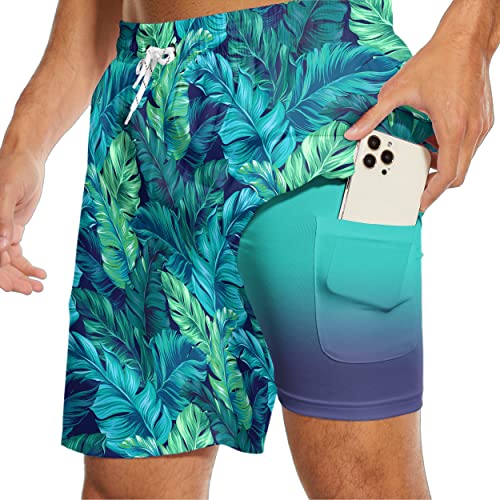 Hawaiian Shorts Men's Swim Trunks with Compression Liner Tropical Palm Leaves Men Swimming Trunks Bathing Suits2