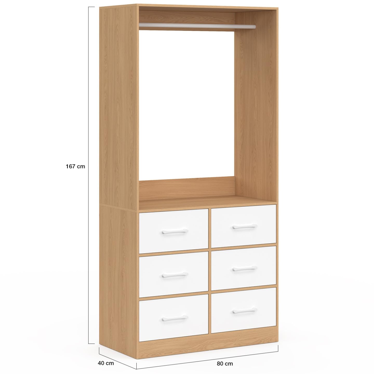 IDMarket - Dressing penderie L. 80 cm UPPAH avec 6 tiroirs bois façon hêtre et blanc
