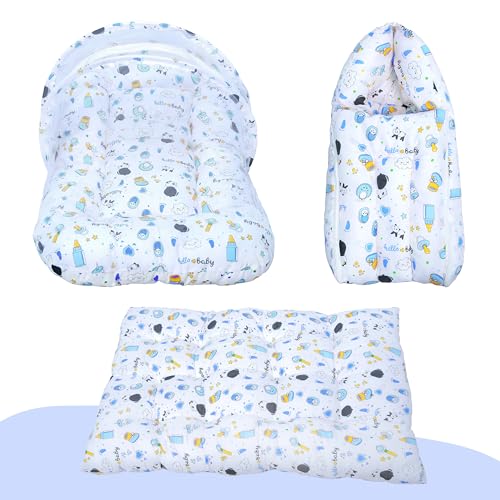 Image of Baby Bedding Set for New Born Baby Sleeping Bag, Mosquito Net Bed, Sleeping Mattress Suitable for 6 Months Babies (Panda Blue)