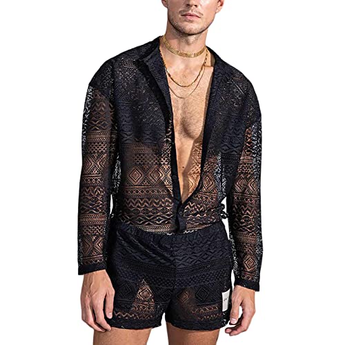 EndoraDore Men's 2 Pieces Shirt Sets Sexy Lace See Through Long Sleeve Casual Button Down Shirts and Shorts Tracksuit