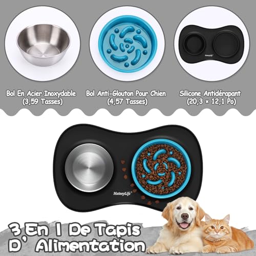MateeyLife Hundenapf-Set 3-in-1, Anti Schling Napf Hund & Edelstahl-Wassernapf mit Anti-Rutsch-Silikonmatte, Katzen- und Welpennäpfe Futterschalen für kleine, mittelgroße und große Rassen