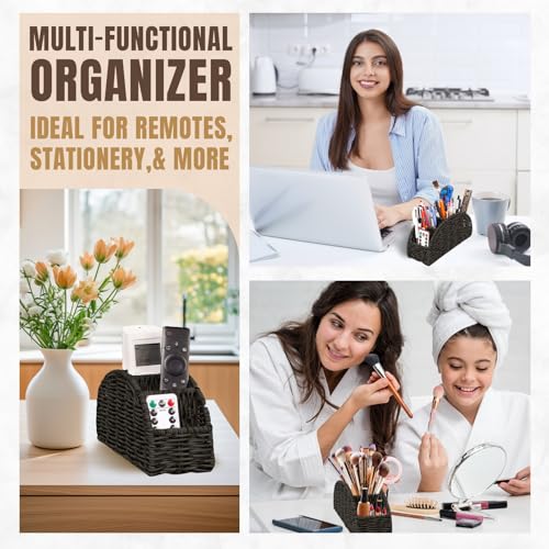 5-Compartment Remote Control Holder – Synthetic Rattan Organizer for TV Remotes, Makeup Brushes, Office Supplies, Stylish Wicker Desk Caddy for Living Room, Bedroom, Office, Patent Pending (Black) - Image 6