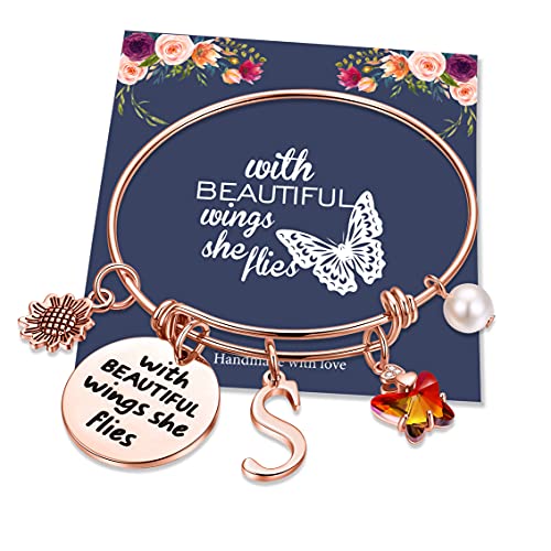 Hidepoo Butterfly Charm Bracelets for Women Girls, Inspirational Bangle Bracelet Expandable S Letter Initial Charm Butterfly Bracelets for Women Girls Jewelry Gifts