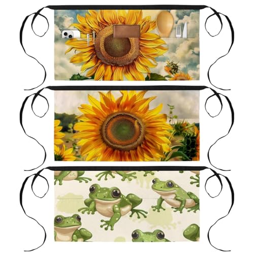 Tablier court de serveuse à 3 poches pour restaurant, lot de 3 tournesols multicolores