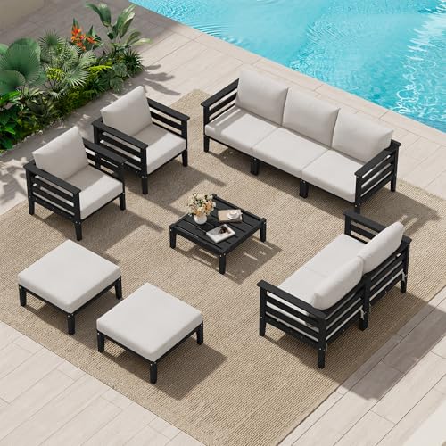 Image of SERWALL HDPE Outdoor Furniture Set, 10 Pieces Patio Sectional Sofa Set | All-Weather Wood-Like Outdoor Sofa Couch with Coffee Table, Modular Design for Flexible Combination