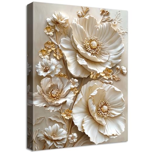 Cadre en Bois Impression sur Toile Camée Floral Vintage Tableau Affiche Decoration Murale Image sur Toile Fleurs de Pivoines 3D Dorées Abricot Tableau...