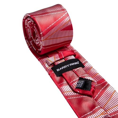 Image of Barry.Wang Mens Ties Silk Red Silver Striped Plaid Checkered Woven Neckties and Tie Clip Set Formal Business Wedding