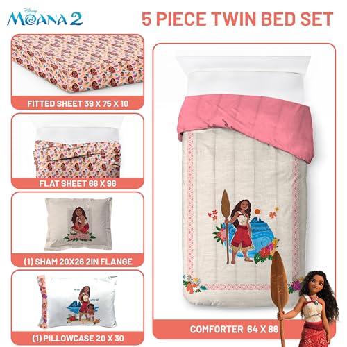 Image of Disney Moana Twin Comforter Set 5 Piece Kids Bedding for Girls, Beige