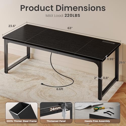 Image of Huuger 63 x 24 inch Desk with Power Outlets & USB-C, Deeper & Thicker Desktop, Robust Metal Tubes, Computer Desk, Heavy Duty Office Desk, Work Gaming Desk, for Home Office, Black