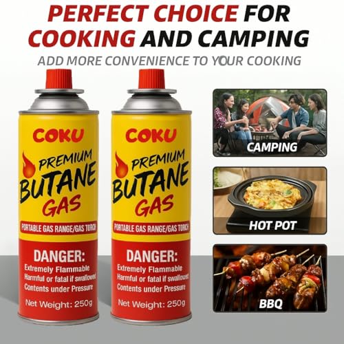 Image of Coku Butane Gas Refill Canisters 250g - Portable Butane Fuel for Camping Stove, Gas Burner, BBQ, Kitchen, Outdoor Cooking, Travel & Picnic - Compatible with Butane Gas Stove