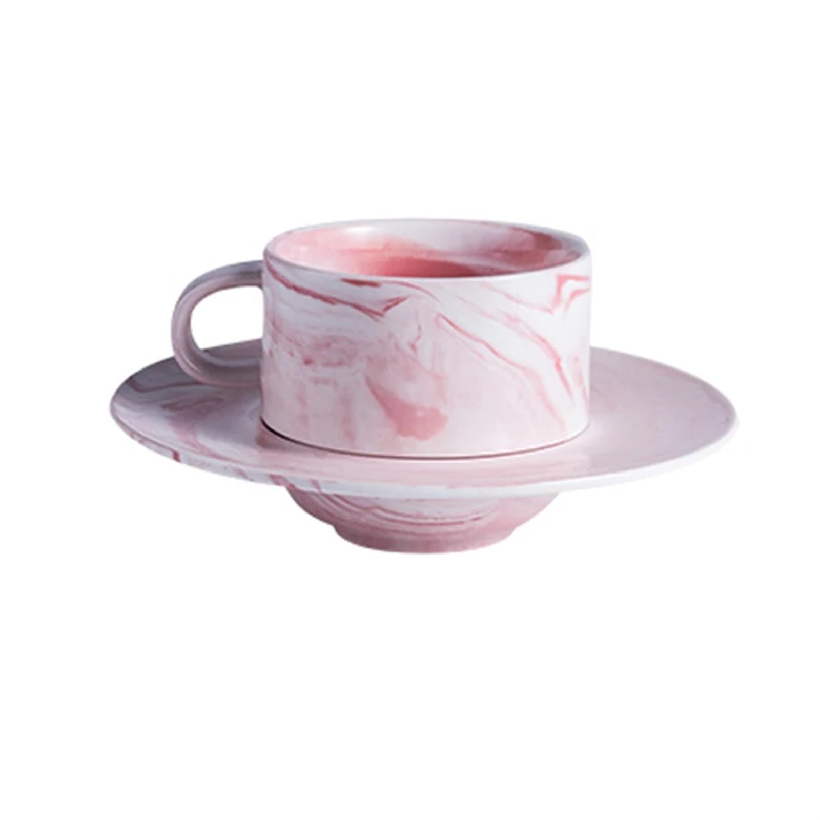 Zestaw filiżanek do herbaty i spodków, ceramiczny zestaw filiżanek do kawy, specjalny marmurowy design, porcelanowa filiżanka do herbaty i spodek, ze stali nierdzewnej 304 złota łyżka (różowa)