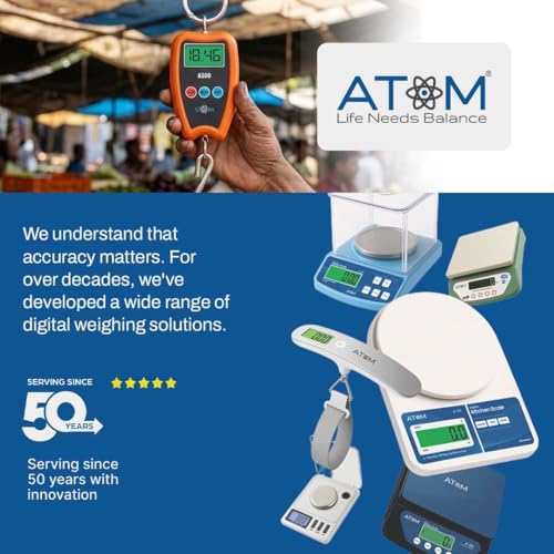 Image of ATOM A308 Weight Machine for Luggage & Travel (200 Kg) | Luggage Weighing Scale for Flights | Portable Digital Hanging Scale with Tare & Pointed S-Shaped Hook, 100 g Accuracy, LCD Display, Handy Size