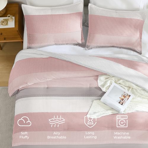 Edredón rosa Queen Litanika con bloques de color blanco rubor y 2 fundas de almohada para cama 6
