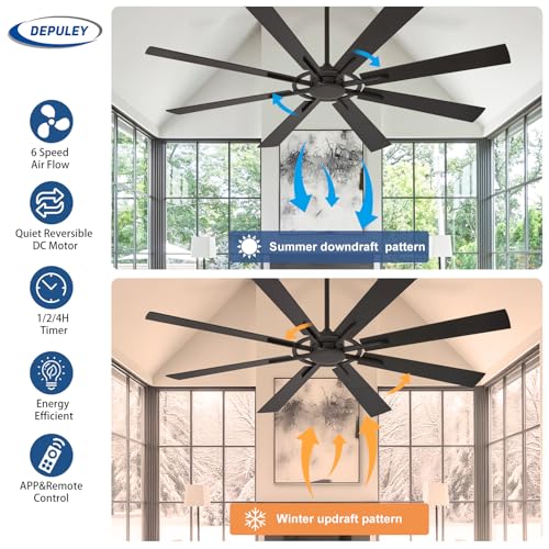 Image of Depuley Ceiling Fan Without Light: 72 Inch Big Indoor Outdoor Fan with Remote APP Control - Black Wood Grain Large Ceiling Fan no Light 8 Blade Reversible Quiet DC Motor Memory Function Timer