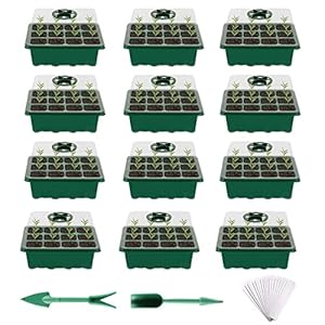 Fuuner pak van 12 zaad kiemen trays, 12 cellen startbak, kweekbak met verstelbare koepeldeksels voor het kweken van plantenzaden, met 20 labels, 2 transplantatiehulpmiddelen