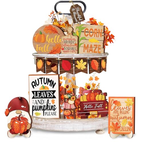 Nialnant 15 piezas de decoración de bandeja escalonada de otoño, decoraciones de otoño para el hogar, hojas, escalera, gnomo, letrero de madera, decoración de Acción de Gracias, interiores, juego de