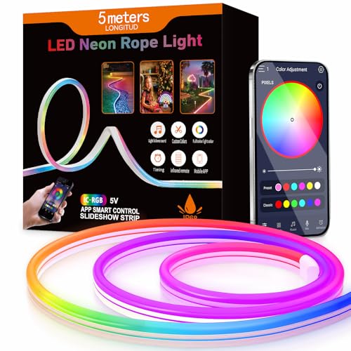 Aurevita RGB IC Neon Led Strip 5m, 5V Bluetooth Led Schlauch Streifen für die Wand, Outdoor LED Lichtstreifen, App Steuerung, Syn Music mit Spielzimmerdekoration (5m RGBIC(Bluetooth))
