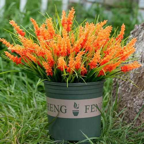 20 Bundles Artificial Plants Outdoor, UV Resistant Fake Flowers, Realistic Faux Lavender Shrubs for Porch Garden Window Box Home Decoration (Orange)