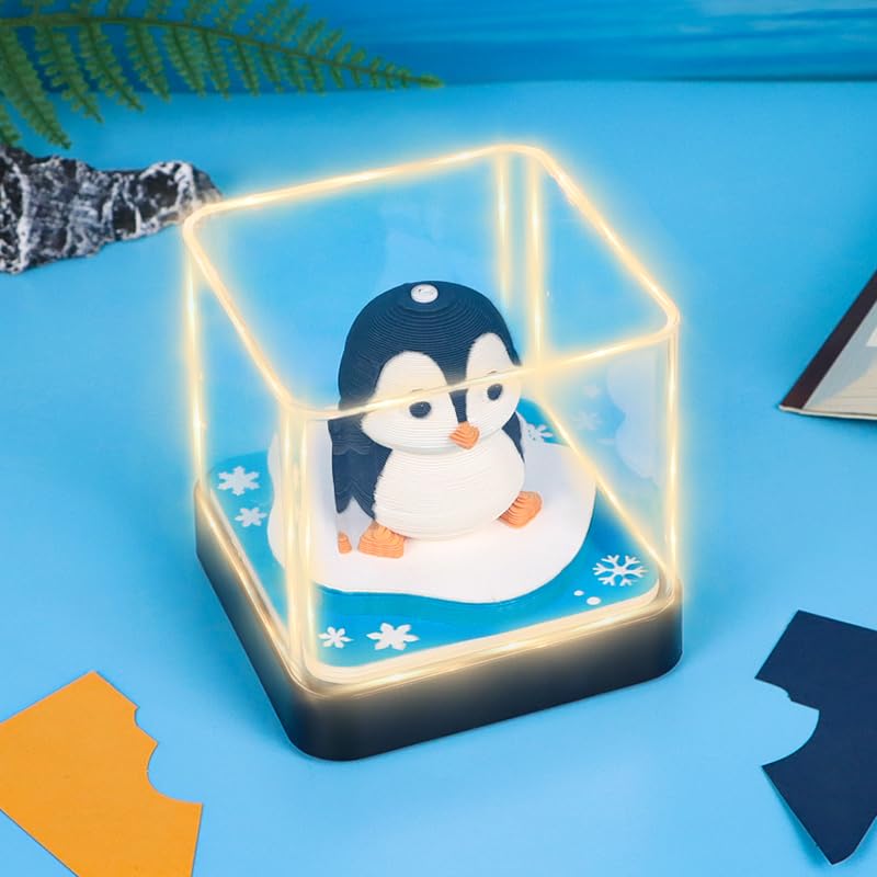Image of 3D Time Piece Calendar 2025 DIY Calendar 3D Art Calendar 2025 Timepiece Calendar Earth 3D Memo Pad Paper Carving Art With LED Lights for Desktop Decor (penguin)