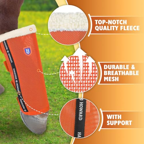 Image of Harrison Howard Loose-Fitting Horse Fly Boots UV-Protective, Breathable, Tear-Resistant Fine Mesh Leggins Stay-on Comfortable Fly Boots with Ultra-Soft Wool Trim (Set of 4) Vibrant Orange Pony (Small)