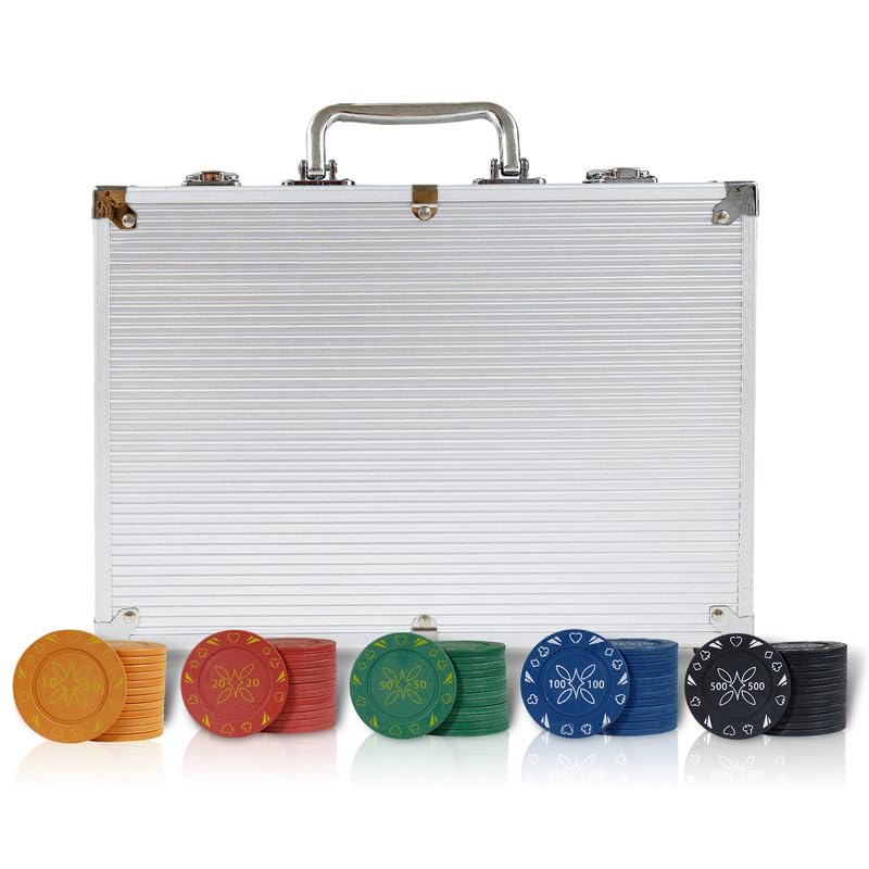 CCLIFE Set da Poker Chips Poker in plastica, 500 fiches con Stampa, Scatola Alluminio Argento