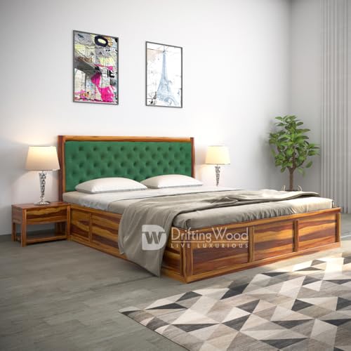 Image of DRIFTINGWOOD Dolvi Solid Sheesham Wood Queen Size Bed with Storage | Wooden Double Bed Cot Bed with Box Storage & Upholstered Green Cushioned Headboard for Bedroom | Rosewood, Honey Finish