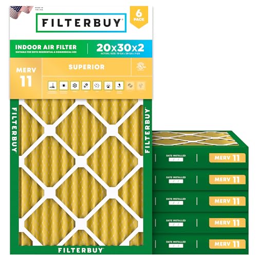 Filterbuy 20x30x2 Air Filter MERV 11 Superior Pet & Allergy Defense (6-Pack) Electrostatic Pleated HVAC AC Furnace Filters Replacement Made in USA (Actual Size: 19.75 x 29.75 x 1.75)