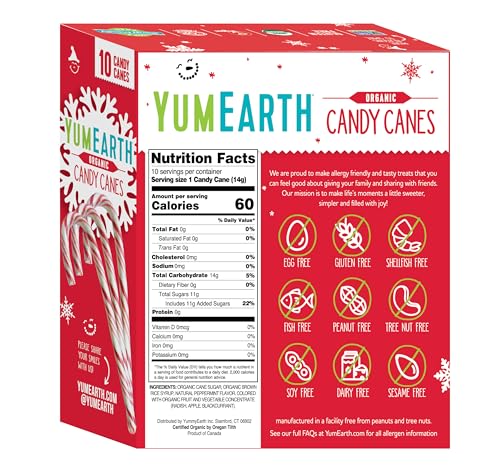 Image of YumEarth Organic Candy Canes - Individually Wrapped Full Size Peppermint Candy Canes - Allergy Friendly, Non GMO, Gluten Free, Vegan, Dye Free Christmas Candy - 10 Count (Pack of 1)