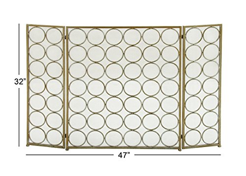 Deco 79 Metal Geometric Foldable Mesh Netting 3 Panel Fireplace Screen With Circle Pattern, 47" X 1" X 32", Brass #TOP6