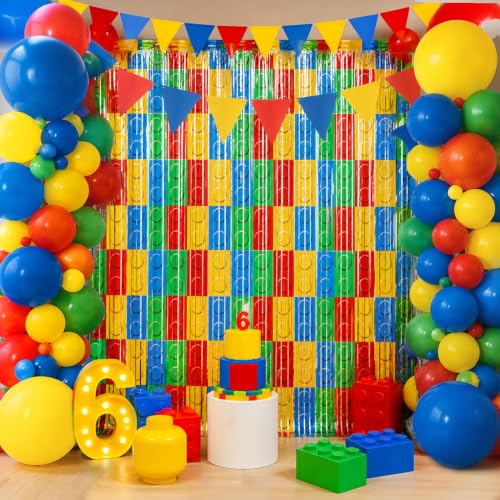 Image of 2 Packs Building Block Foil Fringe Curtain, Red Yellow Blue Green Glitter Metallic Tinsel Backdrop for Birthday, Baby Shower, Video Game Theme Party Decorations Supplies
