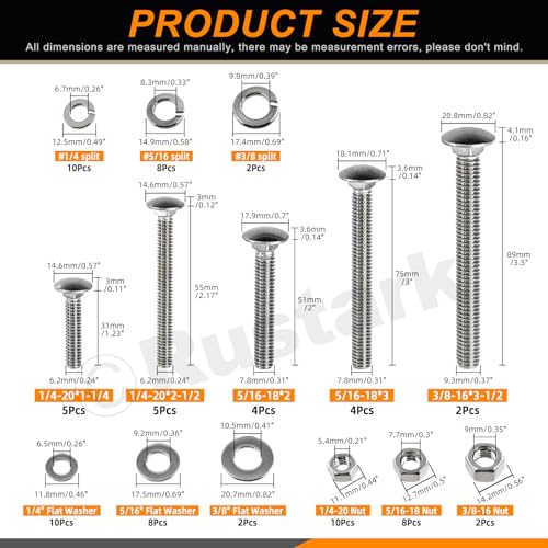 Image of 80Pcs 5 Sizes 304 Stainless Steel Carriage Bolts with Nuts and Washers Kit Silver Square Neck Carriage Bolts Screws Round Head Carriage Bolt for Machinery Industry