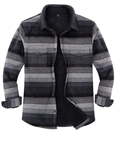 ZENTHACE Herren-Flanellhemdjacke mit Sherpa-Futter, Fleece, kariert, mit Sherpa-Fleece gefüttert, warm, Graue Streifen, Large