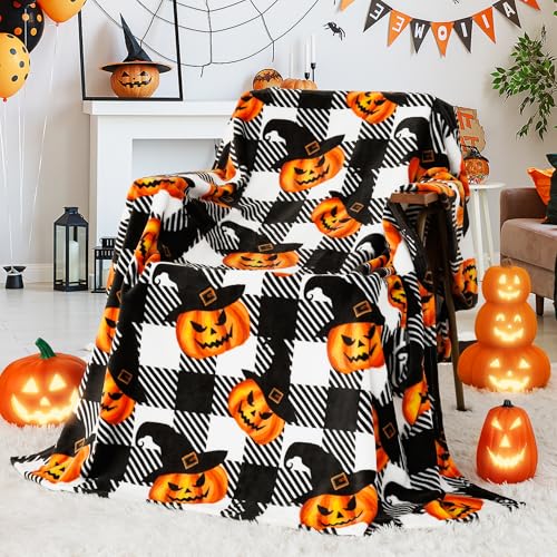 Touchat Halloween Blanket, Fleece Throw Blankets, Buffalo Plaid Throw Blanket for Couch Sofa Bed, Soft Warm Fuzzy Cozy Plush Checkered Blanket, Farmhouse Fall Decor, Black