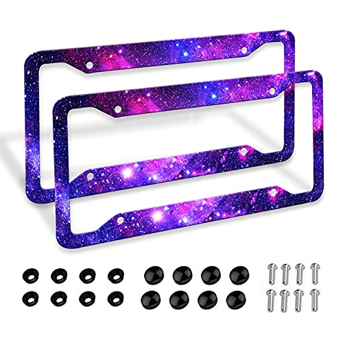 Purple License Plate Frames Starry Sky License Plates Covers Aluminum Metal License Plate Holder Auto Car Tag With 4 Holes Screws Standard Size 2 Pcs Set #TOP7