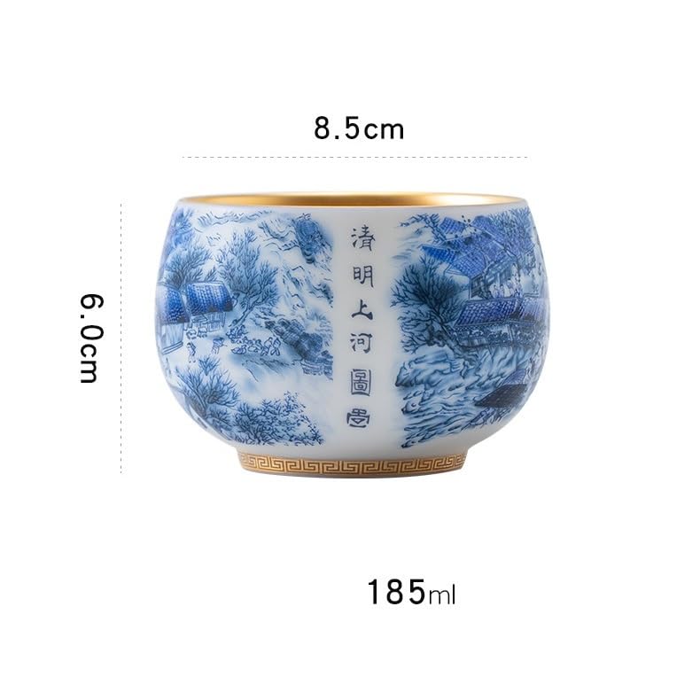 Tazas de té Pequeñas Taza de porcelana azul y blanca del maestro, taza té jadeíta, tazón individual a lo largo río durante el Festival Qingming, juego cerámica, lujo vintage Taza de té de Kungfu